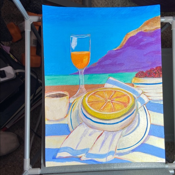 Original Artwork Colorful Acrylic Beachside Still Life Painting With Fruit - Picture 12 of 14